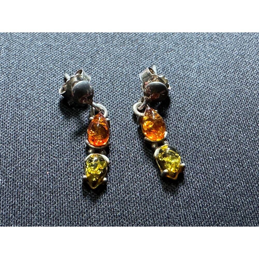 Vintage 925 Sterling Green and Cognac Amber Post Earrings